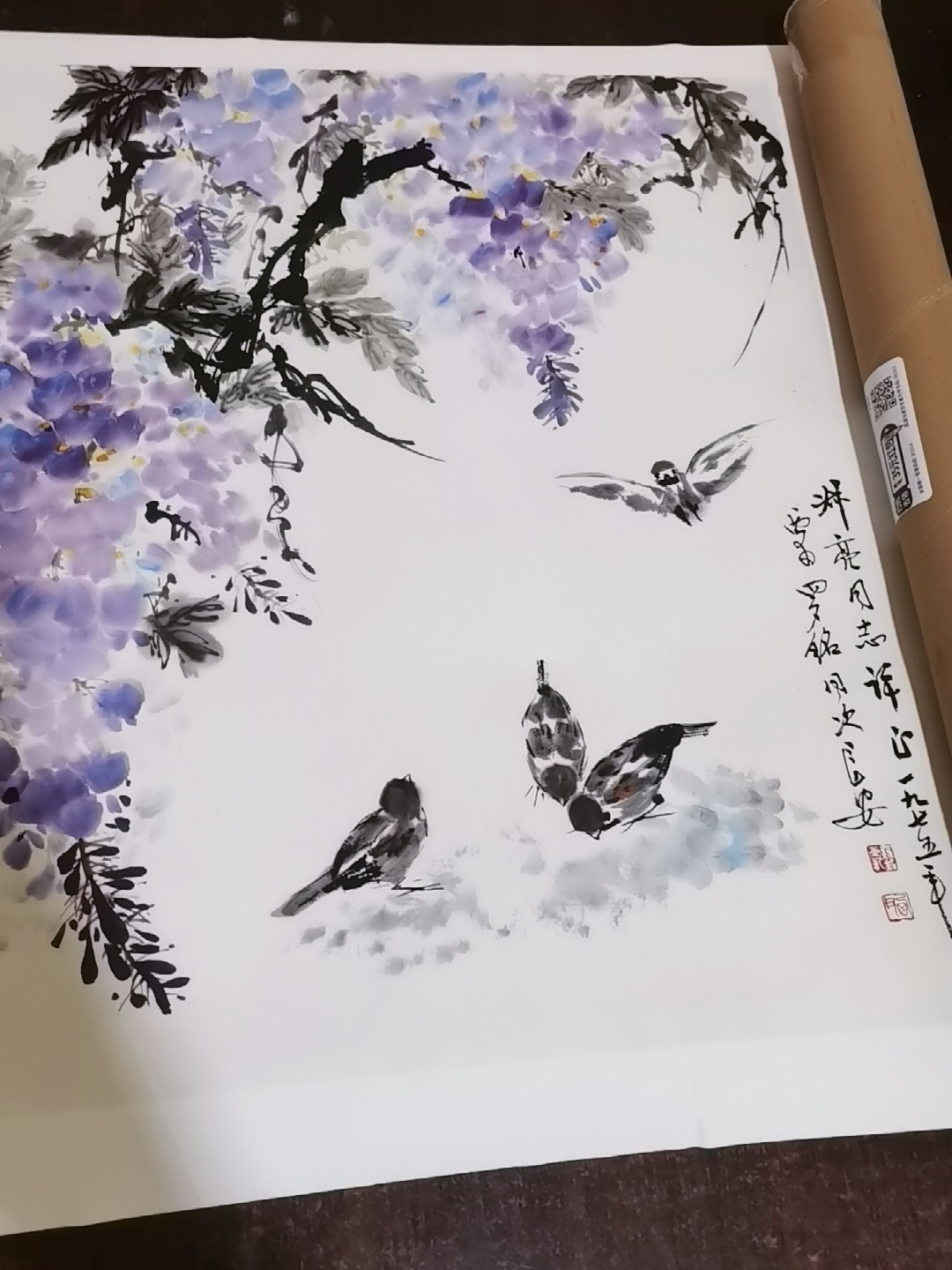 罗铭紫藤麻雀国画水墨工笔花鸟挂画50x50厘米印刷品装饰画