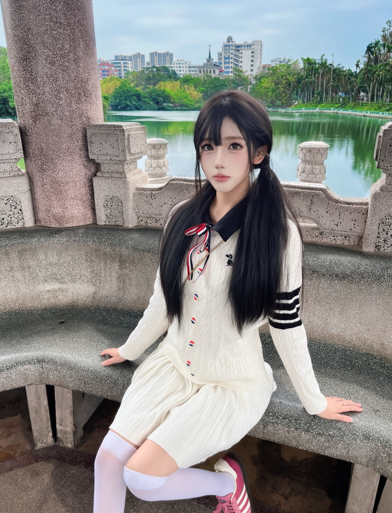 RR studio韩系甜妹polo领针织衫 蝴蝶结设计可爱减龄 短裙