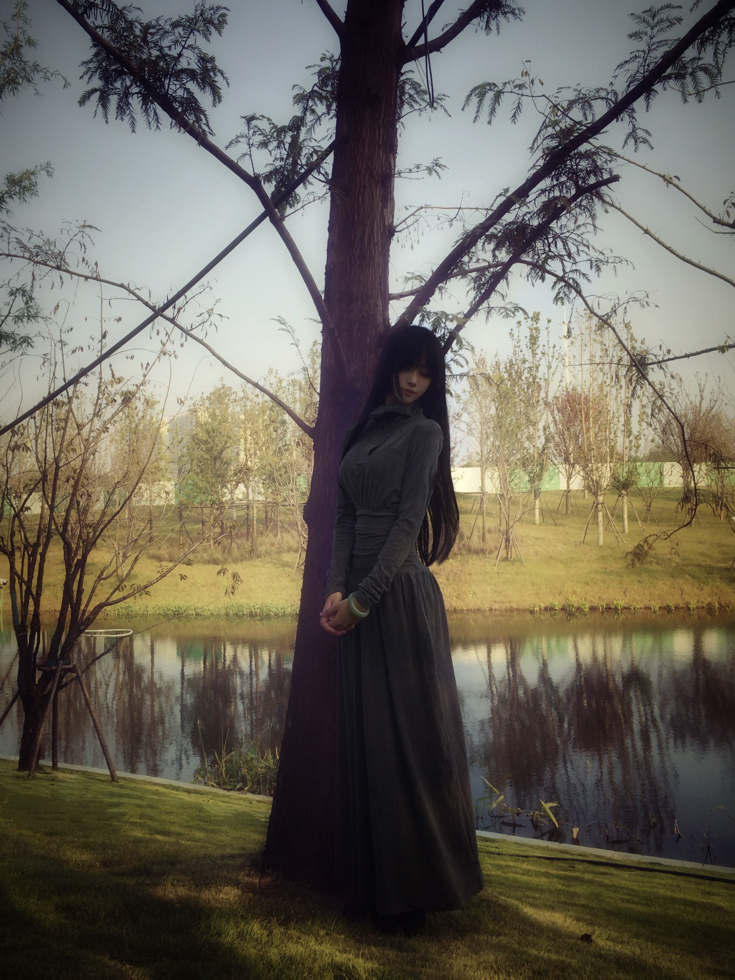 CYNR原创设计气质复古连衣裙,半高polo领褶皱收腰A字长裙摆遮肉显高