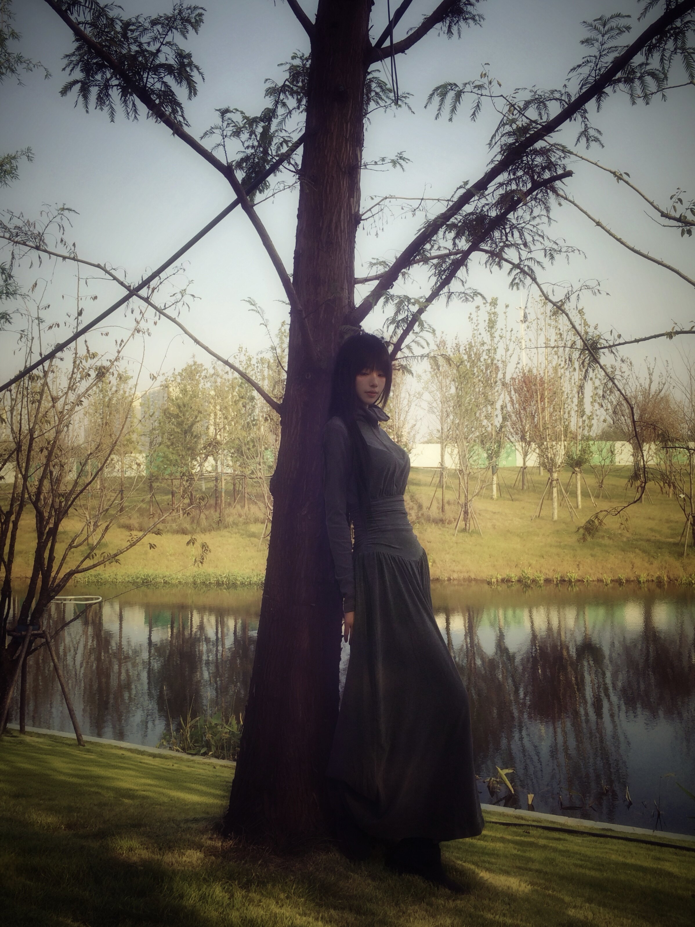 CYNR原创设计气质复古连衣裙,半高polo领褶皱收腰A字长裙摆遮肉显高