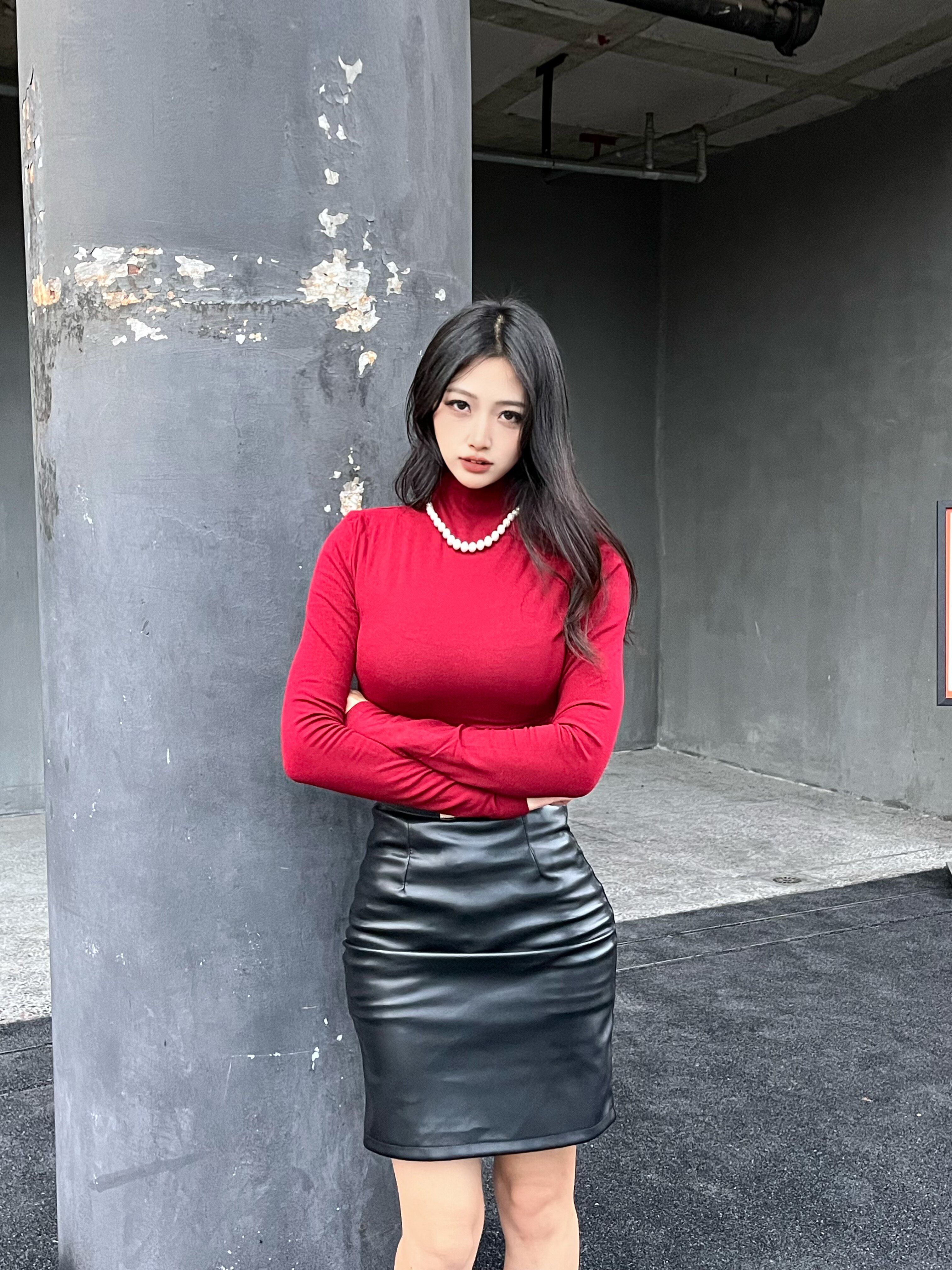 Young Girl Day韩系纯欲OL风 高腰显瘦PU皮包臀裙 中长款遮肉不压身高