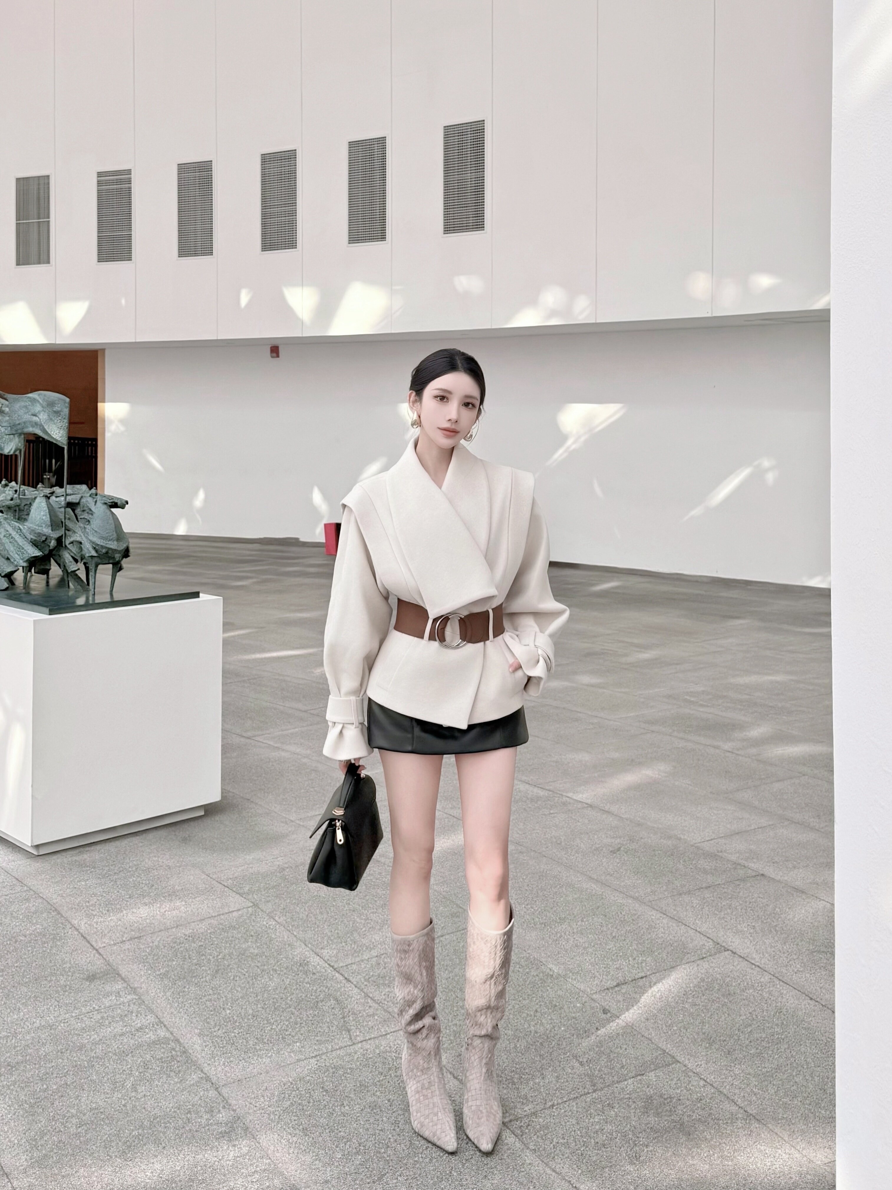 Le' Murmure冬季时尚羊反绒长筒靴堆堆设计慵懒随性 高跟拉长腿部比例