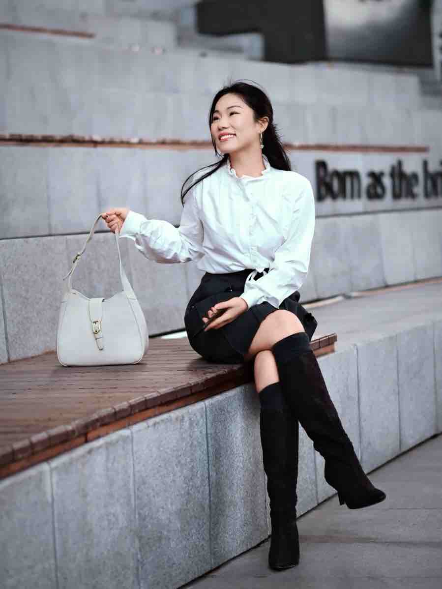 Le' Murmure冬季时尚羊反绒长筒靴堆堆设计慵懒随性 高跟拉长腿部比例