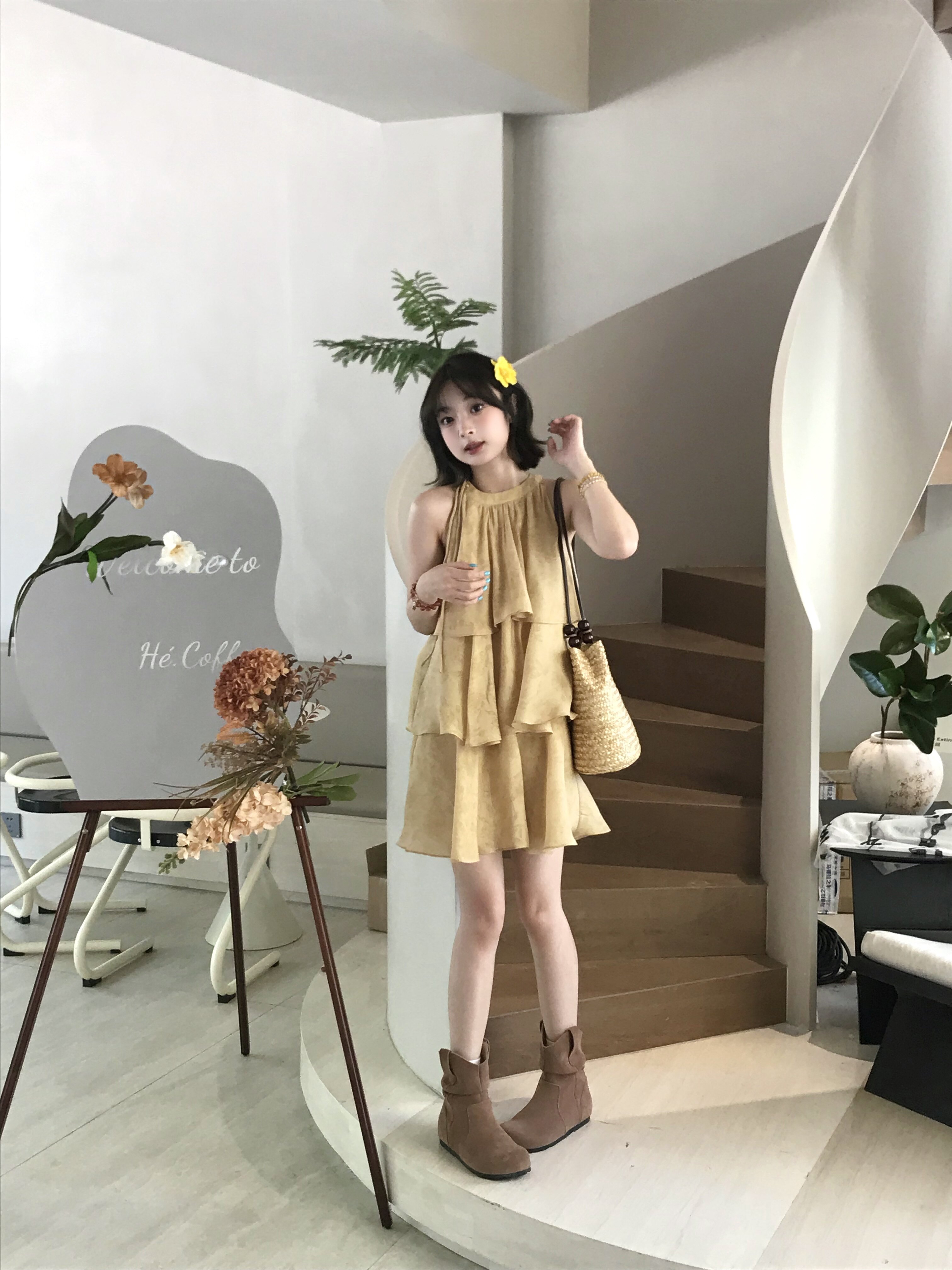 VIAPITTI夏季新中式蛋糕裙 暗纹花卉设计高级显瘦 宽松版型遮肉舒适
