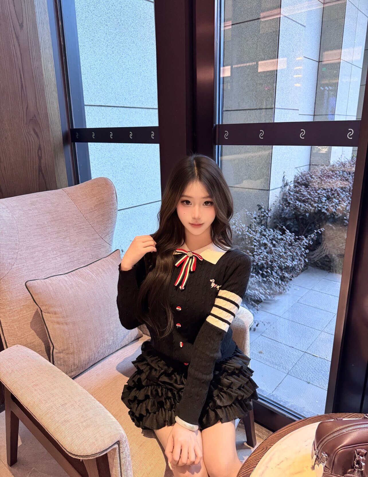 RR studio韩系甜妹polo领针织衫 蝴蝶结设计可爱减龄 短裙