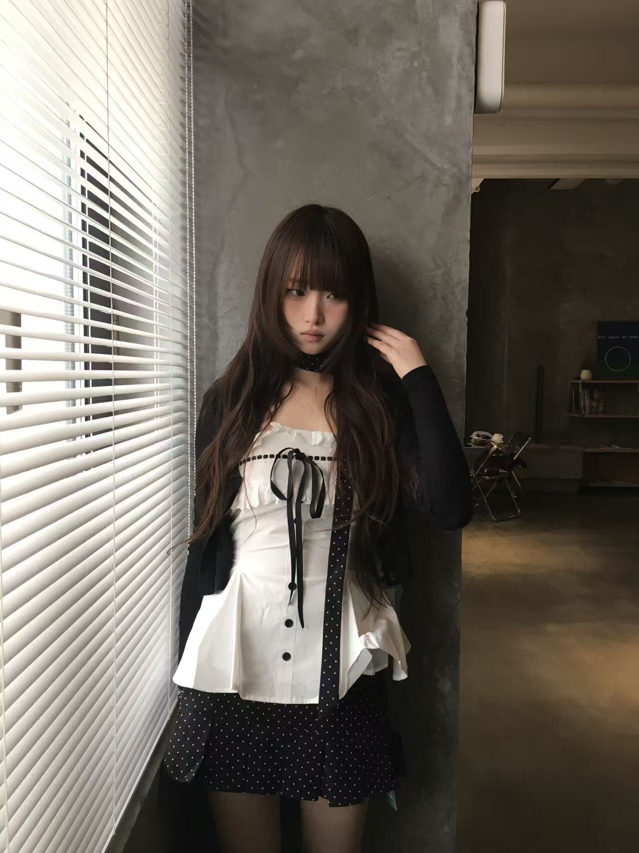 POPWEST韩女三件套 针织开衫+花边蝴蝶结吊带+波点短裙 一套搞定甜酷穿搭