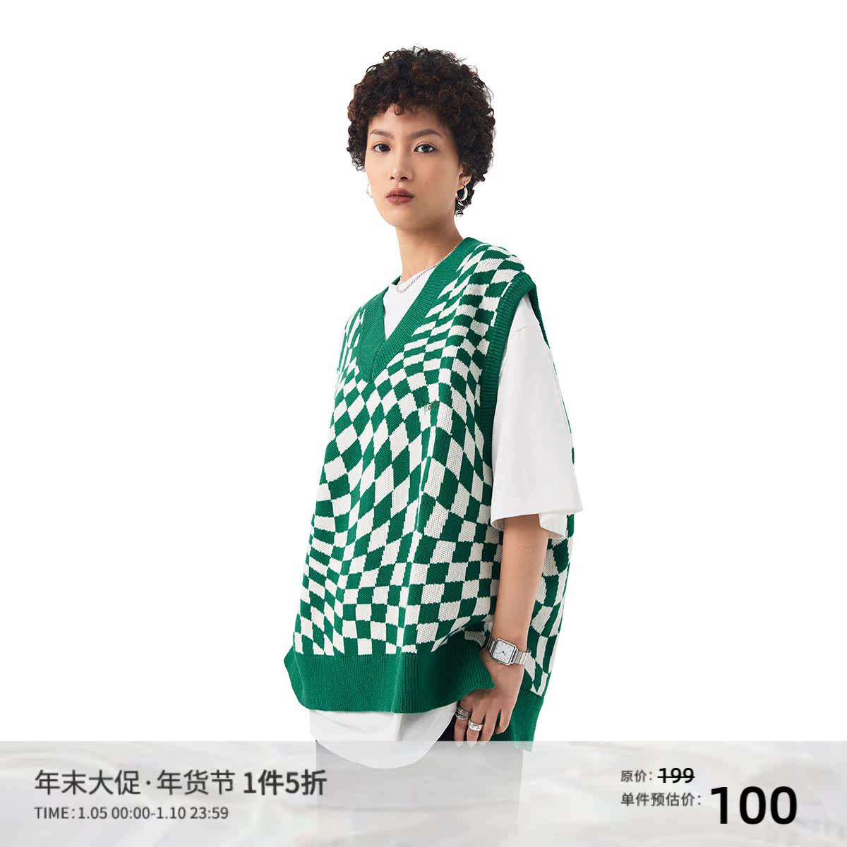 MessAgelab2022 autumn and winter new American street men's knitwear checkerboard vest sweater couple outfit