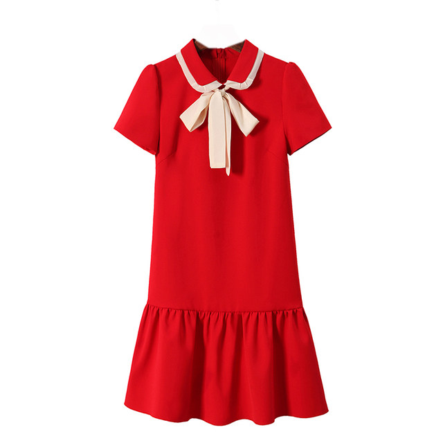Age-reducing, belly-covering, summer slimming, small, belly-covering, A-line, preppy style, baby-collar, red puff-sleeved dress