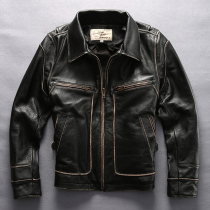 AVFLY Leather Jacket Men's Beckham Used Bovine Leather Coat Fold Over Leather Bovine Leather Jacket