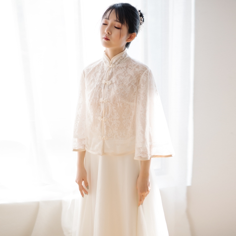 Chinese stand-up collar two pieces of retro travel dress Republic of China style bride small long-sleeved out light wedding dress