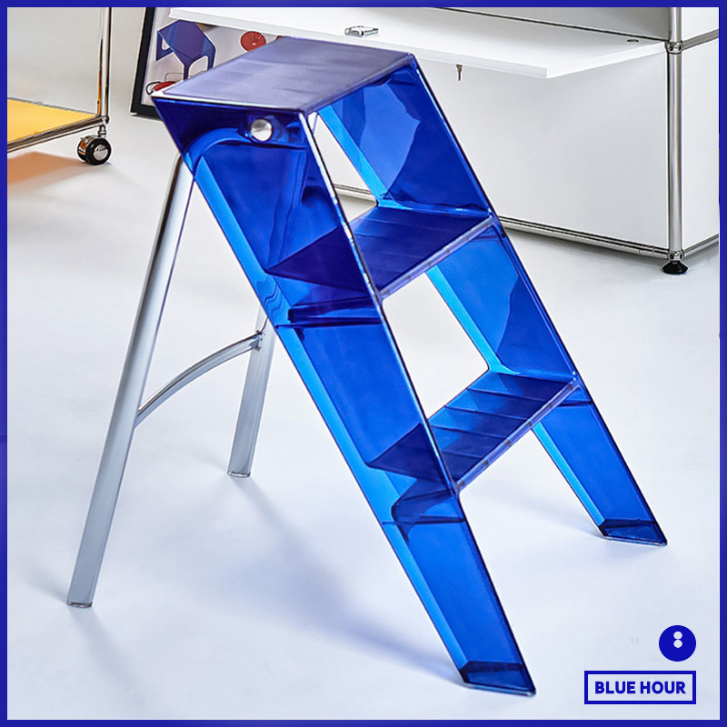 Home Ladder Blue Transparent Acrylic Plastic Telescopic Folding Folding Ladder Multifunction three-step pedal herringbone ladder