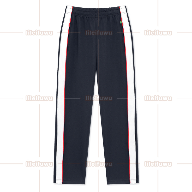 Beijing No. 14 High School Dark Blue School Uniform Pants with Navy Blue White Wide Stripes, Red Stripes, Reflective Strips, Summer Thin Style School Pants