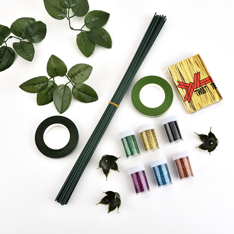 No 2 flower pole rose leaves gold powder green tape plastic bag iron wire flower pole diy handmade rose material bag