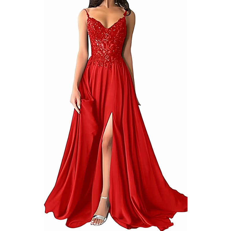 2026 Amazon New Sexy V-Neck Sleeveless Red Embroidered Long Dress with Slit Floor-Length Evening Gown for Women Performance Evening Wear