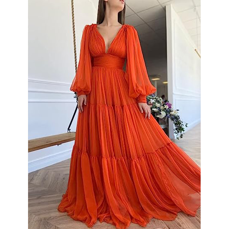 Long Fluffy Sleeve Tulle Formal Party Dress V Neck Prom Dress Princess Prom Dress Women's Pleated