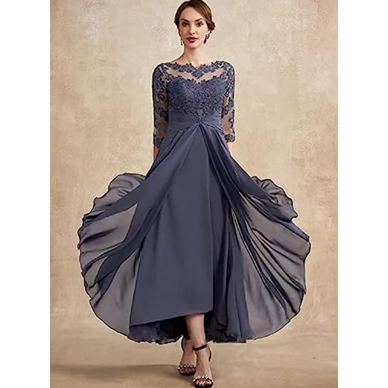 High-End Niche Women's Three-Quarter Sleeve Mother of the Bride Dress with Lace and Chiffon, Formal Evening Gown