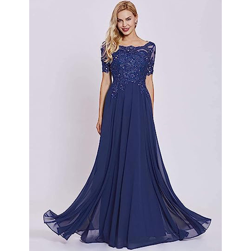 23 Women's Long Bridal Mother Dress with Sleeve One-Neck Beaded Chiffon Extra Long Lace Formal Evening Dress