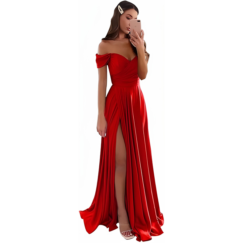 Satin Bridesmaid Dress with V-Neck, Ruched Off-Shoulder Formal Ball Gown, Women's Cocktail Dress with Pockets and Off-Shoulder Design