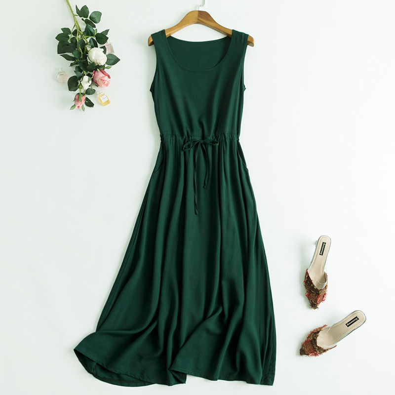 Cotton Silk Dress, Summer Long Style, Solid Color, Beach Vacation Dress, Women's Slimming, Large Hem, Elegant Tank Dress, Rayon