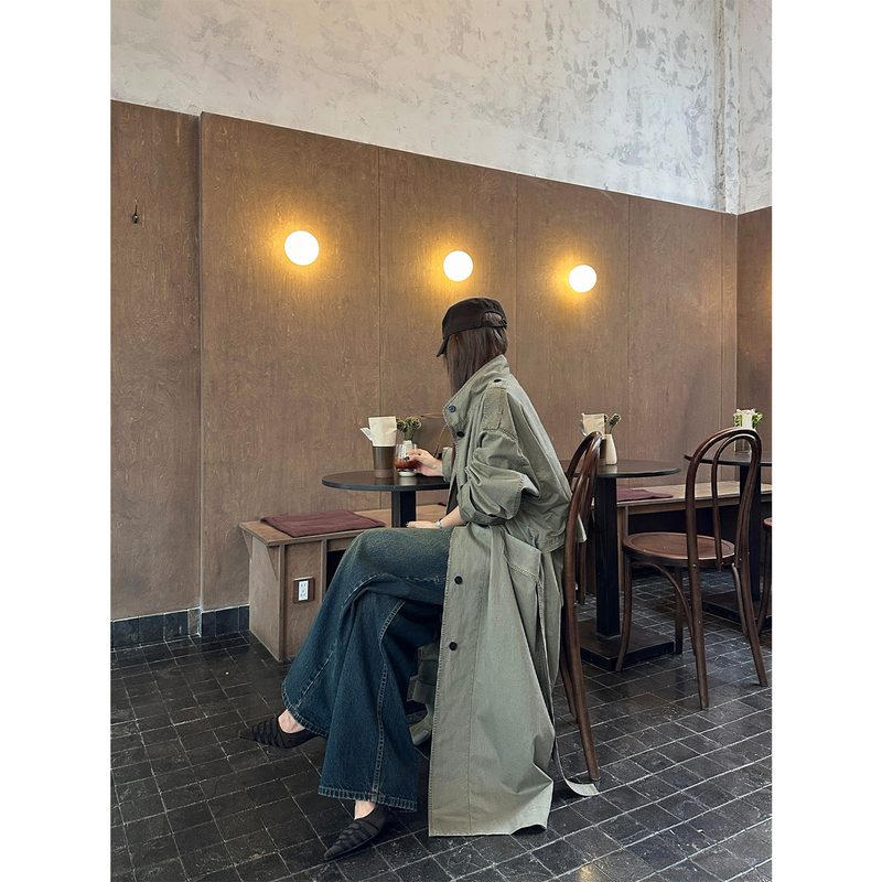 Fangting Long Trench Coat for Women, Autumn 2026, Relaxed Casual Style with Tie Waist, Loose Silhouette Coat
