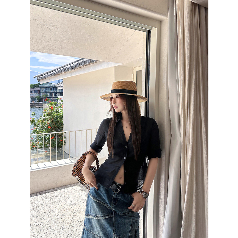 Fangting Mid-Sleeve Shirt for Women, Summer 2026 New Style, V-Neck, Black, Thin, Tencel Linen Short Top Fangting Mid-Sleeve Shirt for Women, Summer 2026 New Style, V-Neck, Black, Thin, Tencel Linen Short Top