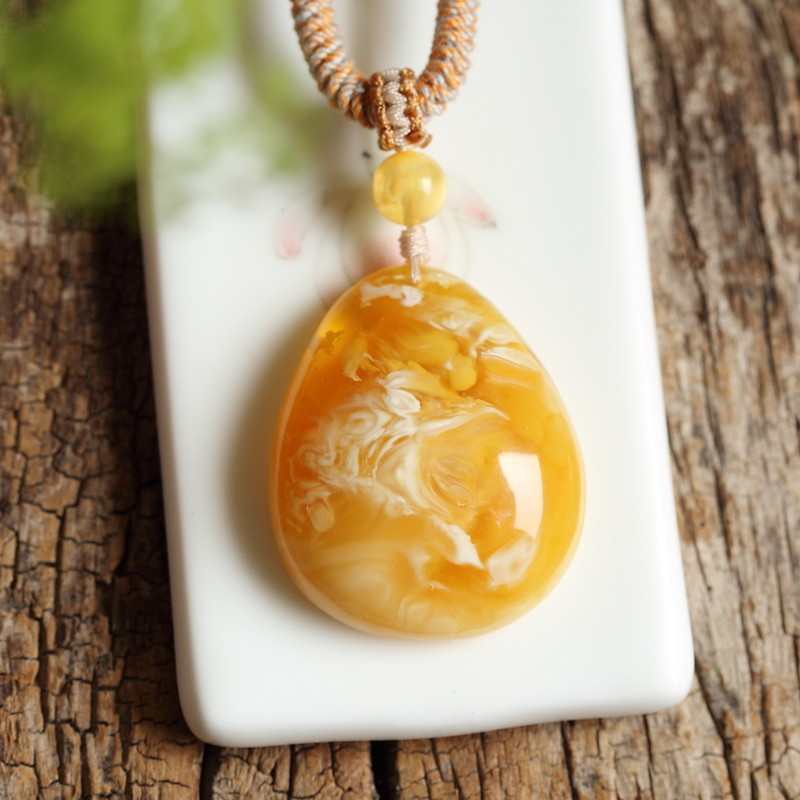Natural Amber from Russia, White Flower Honey Amber, Yellow Honey Water Drop Pendant, Women's Sweater Chain, Original Mineral, One Item One Picture