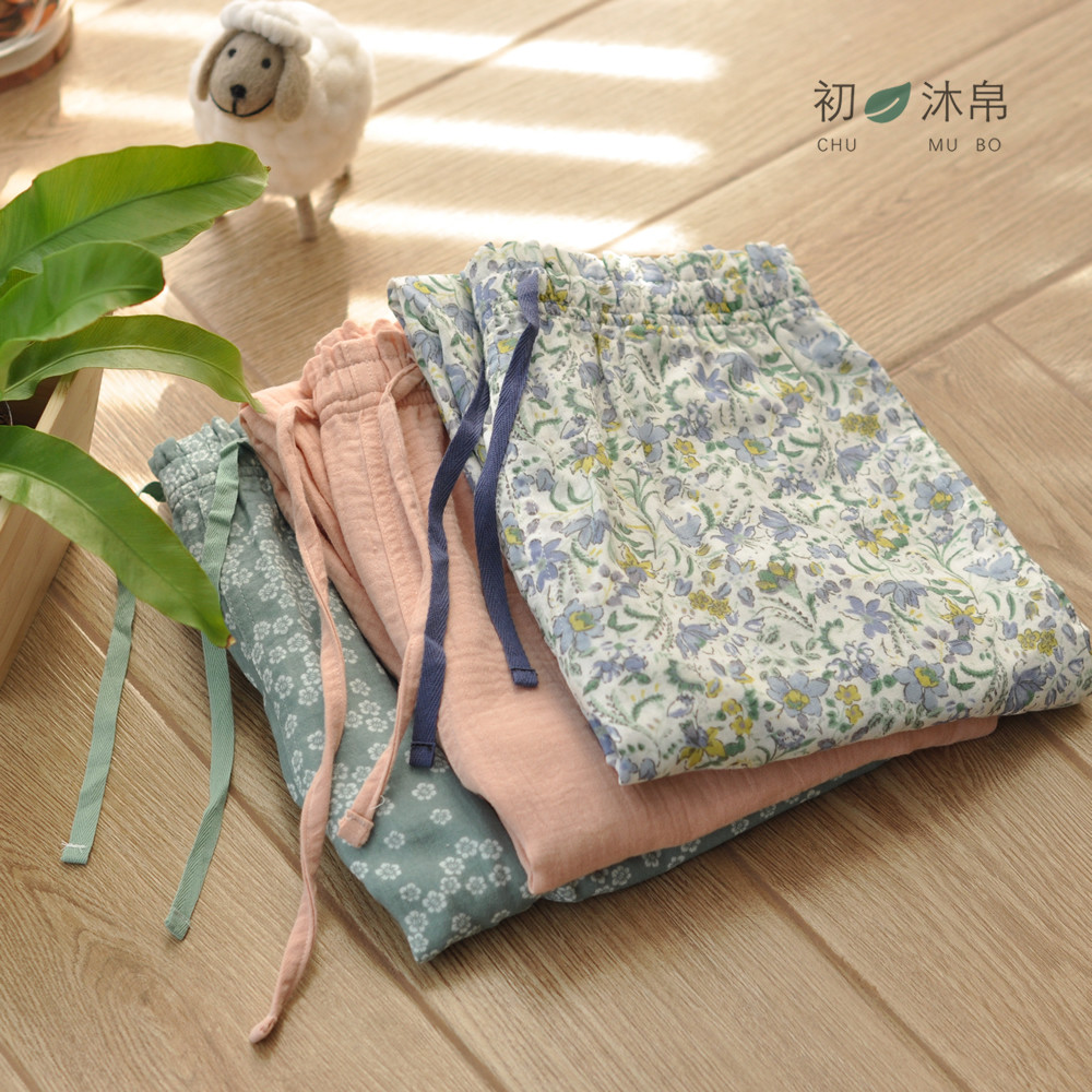 Lady summer thin double cotton yarn pure cotton long pajamas sleeping pants comfortable and simple