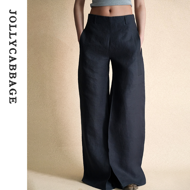 Jollycabbage | Mellow Black Belgian Libeco Imported Linen Pleated Slimming Look Versatile Wide-Leg Pants