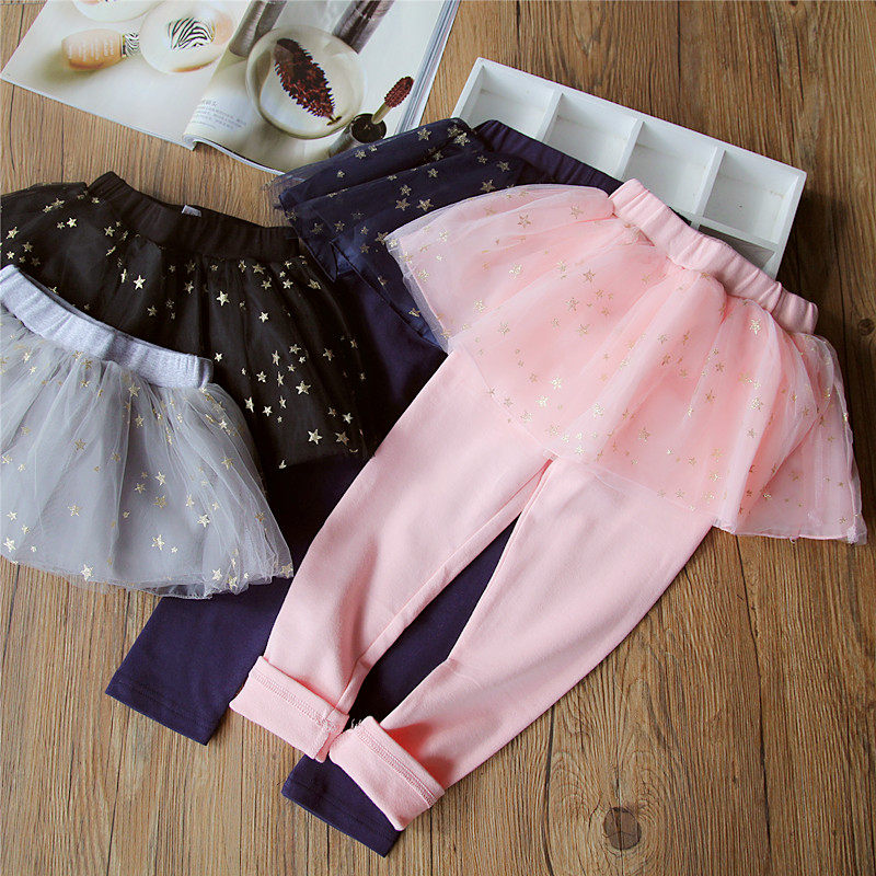 2022 Spring and Autumn Fake Two-piece Leggings Pure Cotton Trousers Children's Sequined Five-Star Mesh Skirt Pants Western-style Outerwear Pants