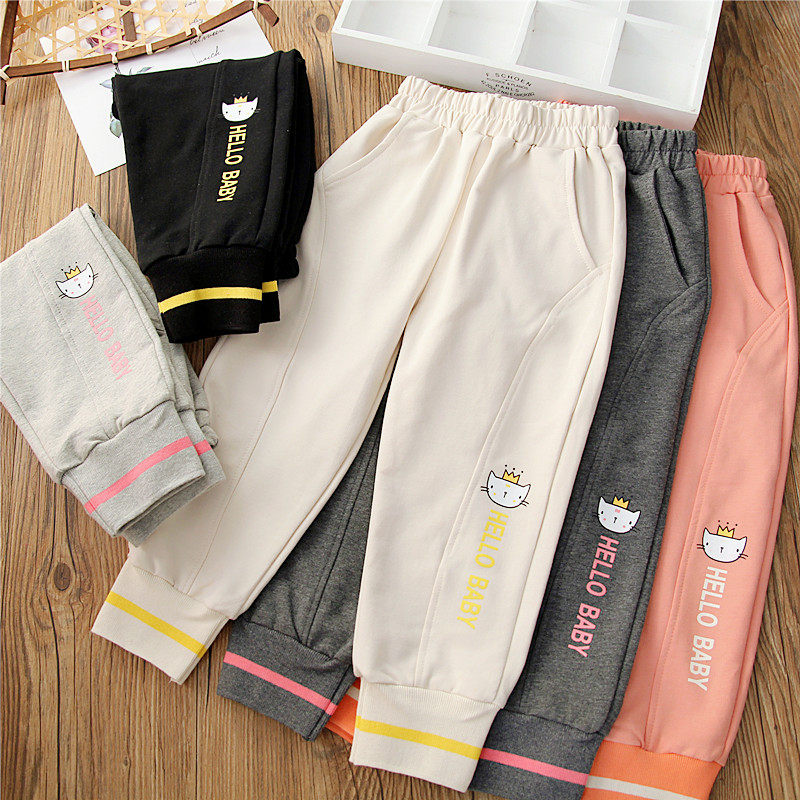 2022 Girls Pure Cotton Cartoon Cat Sports Pants Children's Spring and Autumn Casual Pants Baby Terry Trousers