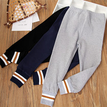 2022 Spring and Autumn Girls Threaded Leggings Pure Cotton Childrens Slim Trousers Striped Stitching Elastic Waist Pants