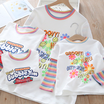 2022 spring and autumn new childrens fake two-piece T-shirt girls striped sleeve round neck top parent-child outfit mother and daughter bottoming shirt