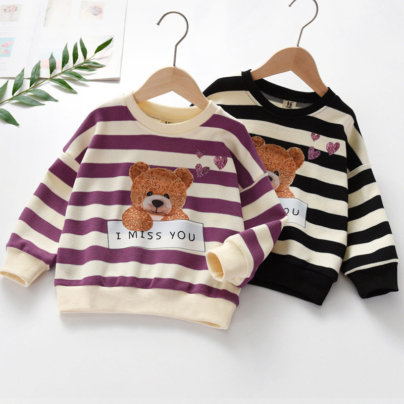2022 Autumn Girls Casual Striped Sweater Children's Round Neck Cute Bear Pullover Top Pure Cotton Color Stripe Yarn-dyed