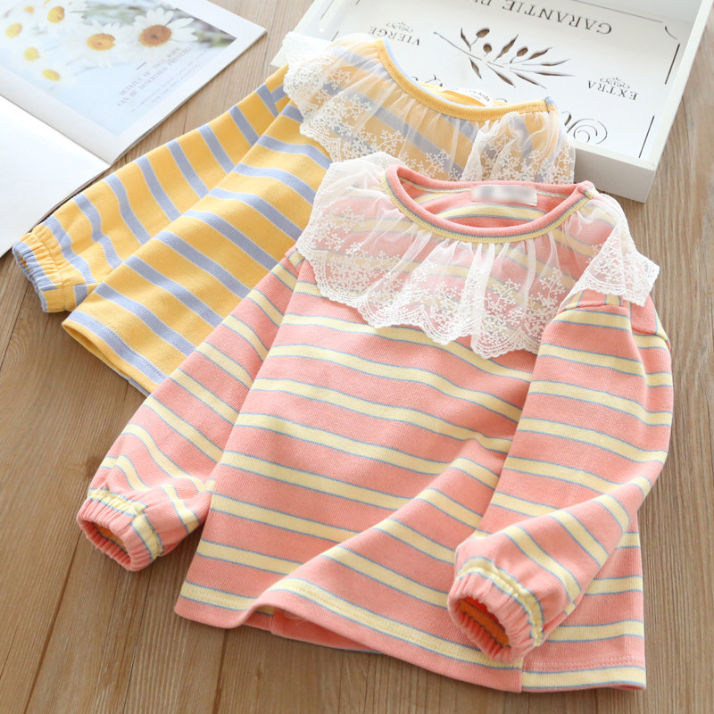 Size 100 Girls' striped T-shirt 2022 spring children's lace large lapel top with cuffs loose pullover