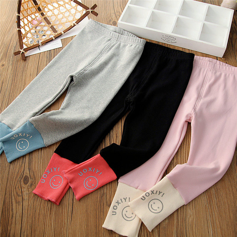 2022 Autumn and Autumn Girls Pure Cotton Slim Leggings Kids Stitching Threaded Leggings Small Feet Pants Korean Style Elastic Trousers