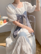 Waist slim fairy dress texture bubble sleeve strap suspender gentle wind dress two-piece square collar waist
