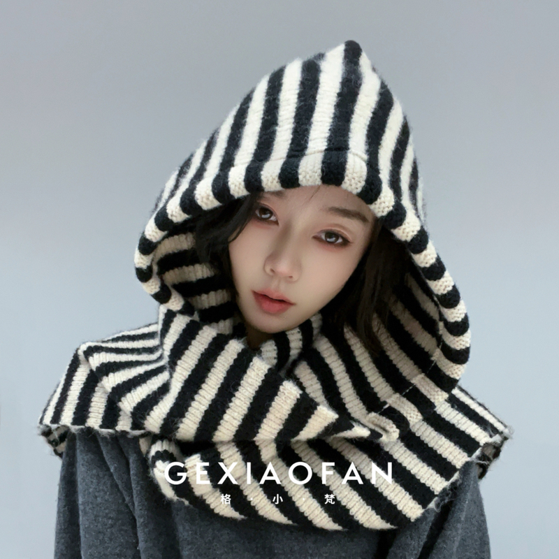 Ge Xiaofan·Authentic Korean-Style Autumn and Winter Striped Color-Blocking Balaclava Warm Soft Hooded Scarf Hat