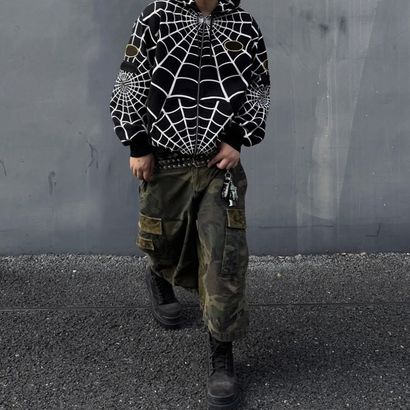 Spider-Man Collaboration Model Ss26 Zip up Zip-Up Hooded Thin Fleece Sweatshirt with Spider Web Pattern