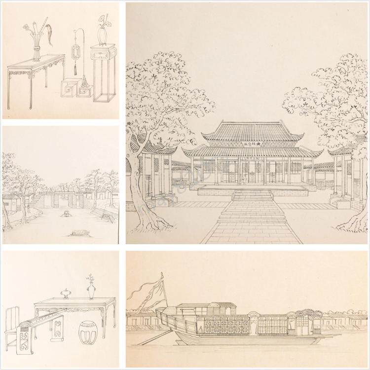 Qing Dynasty Building Furniture Home Furnishing Ship Folk Life Scene White Drawing High Definition Electronic Edition Ancient Material