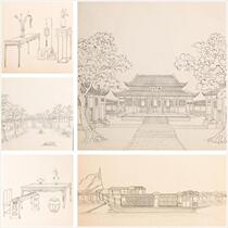 Qing Dynasty architecture furniture Home furnishings Ships folk life scenes white sketch map HD electronic version of the ancient material