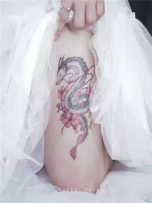 She painted original blue dragon tattoo stickers large pattern Ukiyo-painted flower legs anime Dragon waterproof durable female flower arm stickers