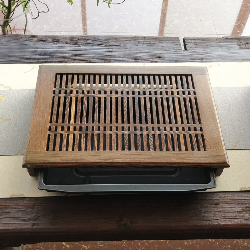 Chicken wing wood tea tray Small household tea table Simple Chinese drawer type drainage water storage mini leisure solid wood tea tray