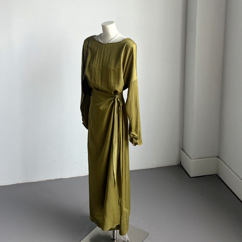 Designer French-Style Asymmetrical Wrap Dress, New Autumn Textured Satin Long-Sleeved Dress Designer French-Style Asymmetrical Wrap Dress, New Autumn Textured Satin Long-Sleeved Dress