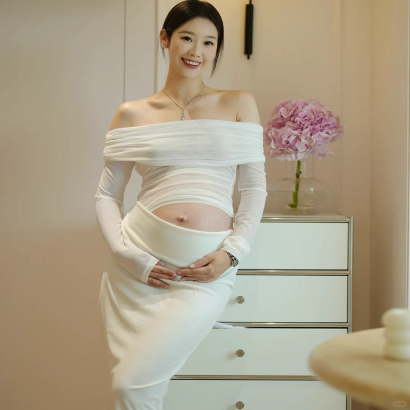 Maternity Photo Dress, One-Line Neckline, Belly-Exposing Long Dress, Studio Photography, Art Photo Clothing, European and American Style Sexy Dress