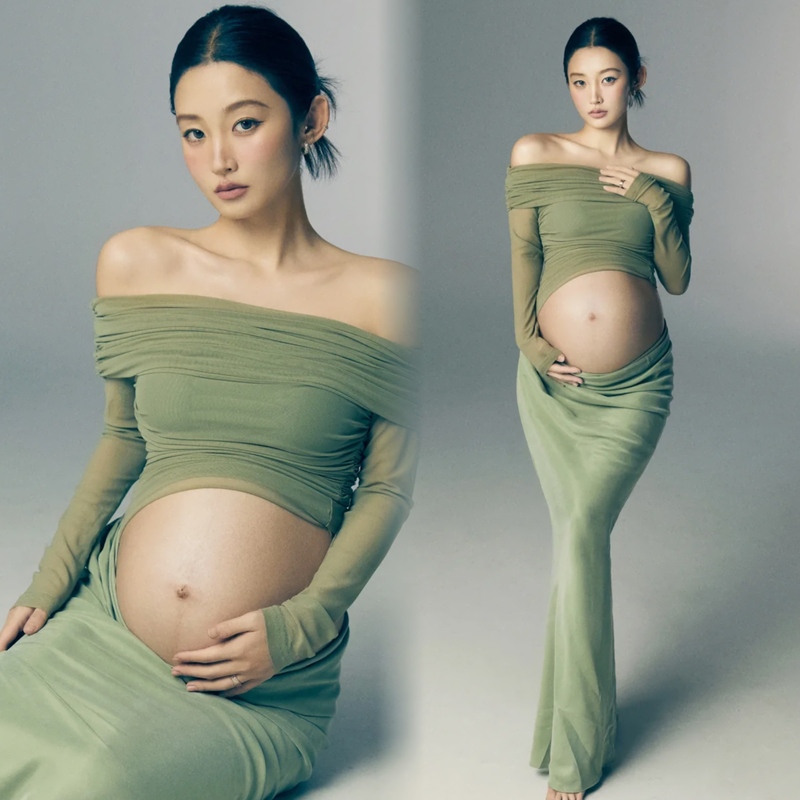 New Style Maternity Photo Shoot Fresh Green Dress Sexy Pregnant Mom Mesh Revealing Belly Art Photo Shoot Outfit Dress