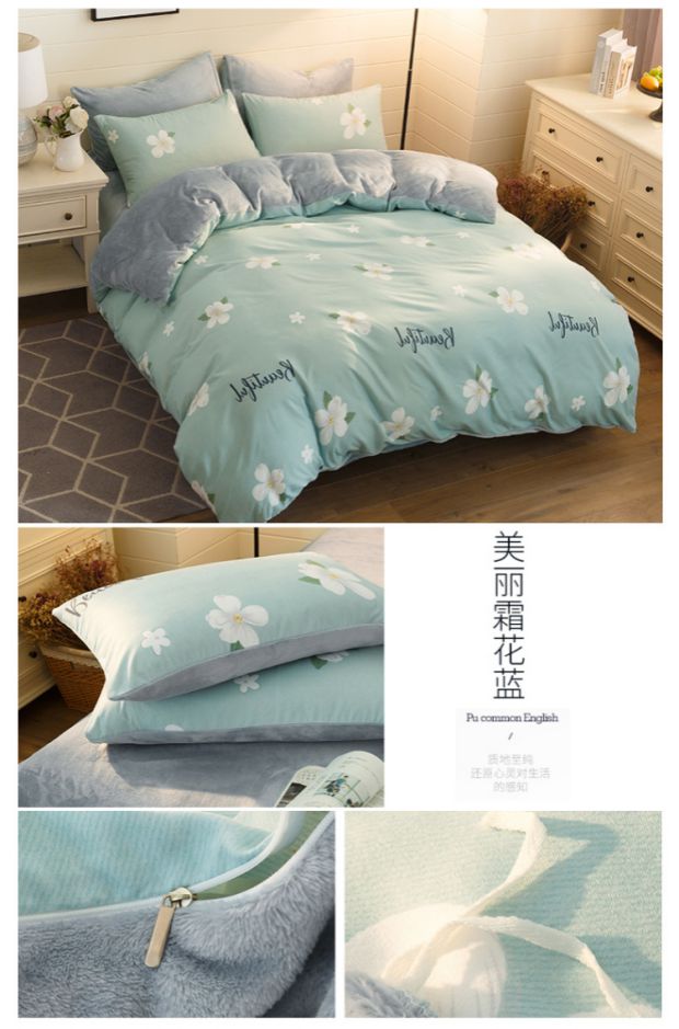 Dày flannel bốn mảnh cotton mùa đông 1,8m san hô lông cừu bộ đồ giường nhung chăn tấm bộ ga gối everon