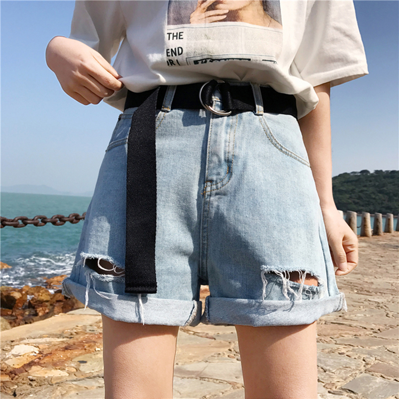 卷边破洞高腰短裤2018夏装新款韩版百搭宽松显瘦休闲牛仔裤女学生