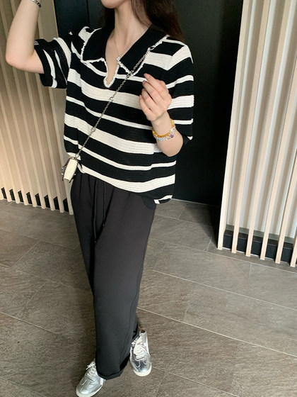 NAZ那子大码 高弹冰丝条纹Polo针织衫胖mm撞色拼接镂空短袖上衣女