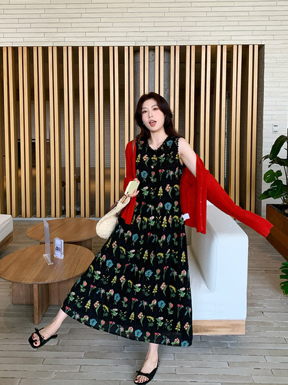 NAZ那子大码 重工万针立体花进口机满幅刺绣花朵胖mm背心连衣裙女