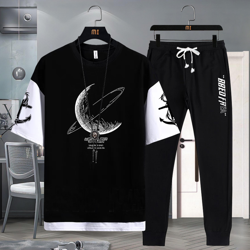 Short-Sleeved T-Shirt Men's National Trend Casual Sports Suit Summer New Loose Fit Teenagers Middle and High School Students Long Pants/Shorts Short-Sleeved T-Shirt Men's National Trend Casual Sports Suit Summer New Loose Fit Teenagers Middle and High School Students Long Pants/Shorts